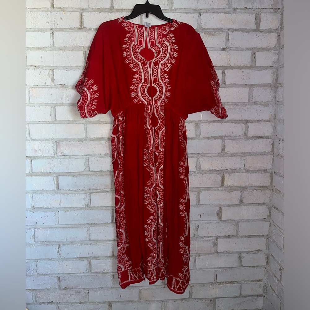 Red Maxi Dress with White pattern and slit